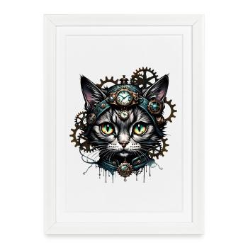 Mignon chat steampunk avec des horloges et des engrenages. - Affiche encadrée (27 × 37 cm) - blanc - Devant