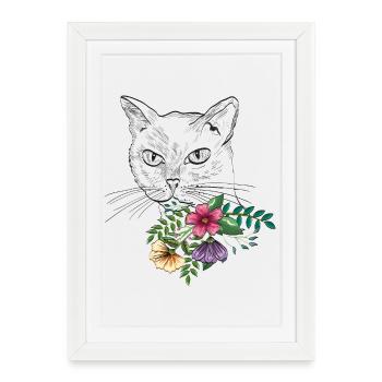 Chat avec bouquet de fleurs - Affiche encadrée (27 × 37 cm) - blanc - Devant