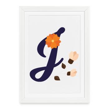 Elégante lettre 'J' avec des fleurs - Affiche encadrée (27 × 37 cm) - blanc - Devant