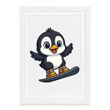 Kawaii pingouin snowboarder vacances sports d’hiver - Affiche encadrée (27 × 37 cm) - blanc - Devant