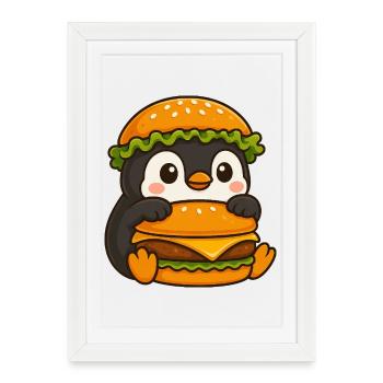 Pingouin mignon avec hamburger au cheeseburger rapide - Affiche encadrée (27 × 37 cm) - blanc - Devant