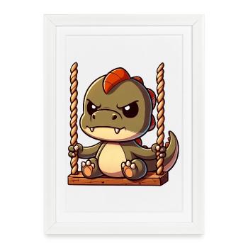 Grumpy T-Rex on swing annoyed offended - Framed poster (27 × 37 cm) - white - Front