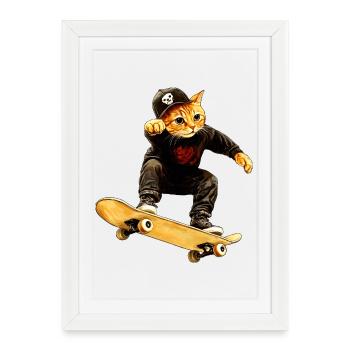 Chat skateur / Chat skateur - Affiche encadrée (27 × 37 cm) - blanc - Devant