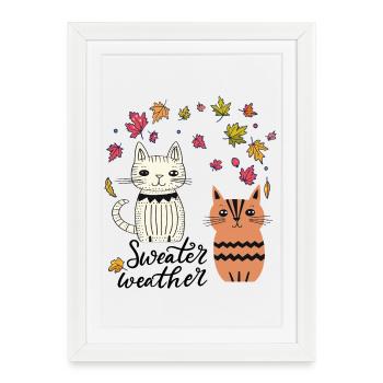 Chats dans les feuilles d'automne - Affiche encadrée (27 × 37 cm) - blanc - Devant