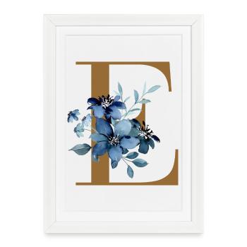 E floral – Lettre dorée avec des fleurs - Affiche encadrée (27 × 37 cm) - blanc - Devant