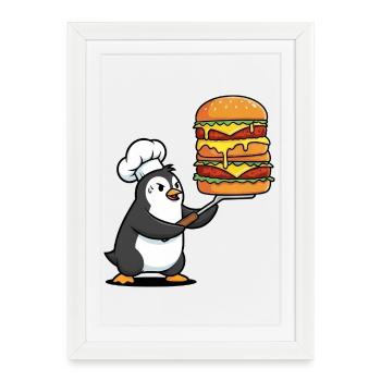 Cute penguin sweating with hamburger BBQ grilling - Framed poster (27 × 37 cm) - white - Front