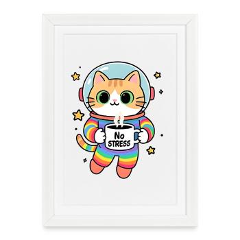 Chat astronaute Arc en ciel sans stress - Affiche encadrée (27 × 37 cm) - blanc - Devant