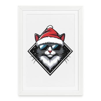 Chat Santa Noël - Affiche encadrée (27 × 37 cm) - blanc - Devant