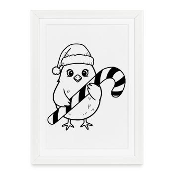 Oiseau de Noël mignon avec illustration de canne d’orge d’orge - Affiche encadrée (27 × 37 cm) - blanc - Devant