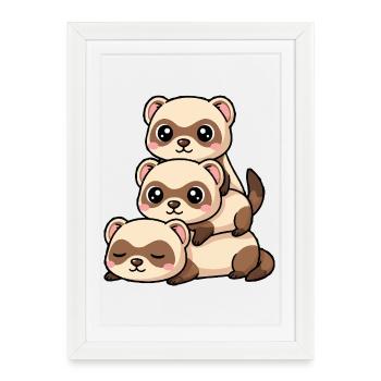 Dessin animé amusant de furet à Kawaii - Affiche encadrée (27 × 37 cm) - blanc - Devant