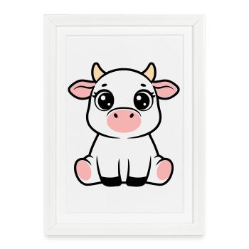 Veau mignon bébé vache qui garde Kawaii - Affiche encadrée (27 × 37 cm) - blanc - Devant