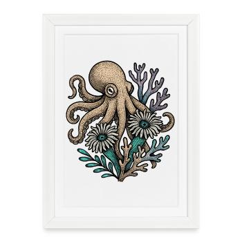 Pieuvre sous-marine avec des fleurs - Affiche encadrée (27 × 37 cm) - blanc - Devant