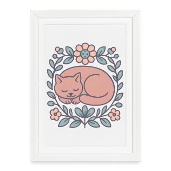 Sleeping cat in a circle of flowers - Framed poster (27 × 37 cm) - white - Front