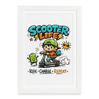 Durée de vie du scooter : Répétition de la charge de la conduite - Affiche encadrée (27 × 37 cm) - blanc - Devant
