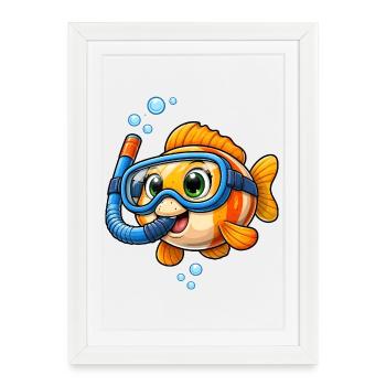 Dessin animé de poissons mignons avec plongée en apnéa - Affiche encadrée (27 × 37 cm) - blanc - Devant