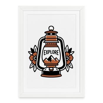 Lanterne Explore Mountains Vintage - Affiche encadrée (27 × 37 cm) - blanc - Devant