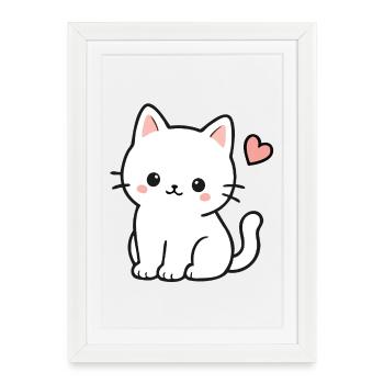 Cute White Kawaii Cat With Heart - Framed poster (27 × 37 cm) - white - Front
