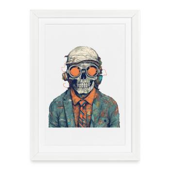 Portrait de squelette cool avec lunettes de soleil, casquette - Affiche encadrée (27 × 37 cm) - blanc - Devant