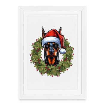 Conception de chapeau de Noël Doberman - Affiche encadrée (27 × 37 cm) - blanc - Devant