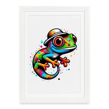 Gecko avec chapeau casquette sombrero - Affiche encadrée (27 × 37 cm) - blanc - Devant