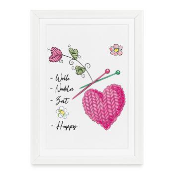 Coeur tricoté avec des fleurs et des aiguilles à tricoter - Affiche encadrée (27 × 37 cm) - blanc - Devant