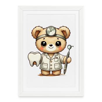 Peluche Teddy Dentiste avec miroir dentaire et buccal - Affiche encadrée (27 × 37 cm) - blanc - Devant