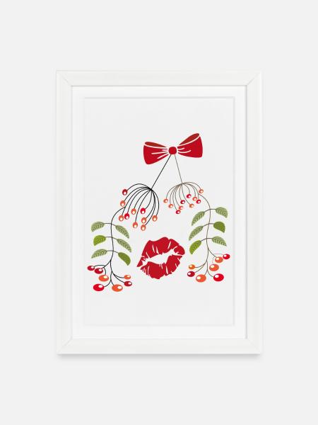 Kuss unter dem Mistelzweig, Weihnachten - Gerahmtes Poster (27 × 37 cm) - Weiß