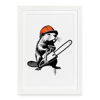 Beaver with Chainsaw – Humorous Stencil Design - Framed poster (27 × 37 cm) - white - Front