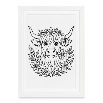 Vache des Highlands avec des fleurs - Volksfest Design - Affiche encadrée (27 × 37 cm) - blanc - Devant