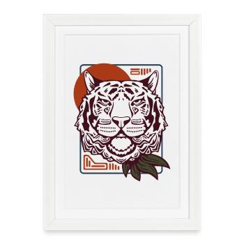 Tiger Head with Red Sun Geometric Wildlife Art - Framed poster (27 × 37 cm) - white - Front