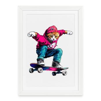 Skateboard pour chat - Affiche encadrée (27 × 37 cm) - blanc - Devant