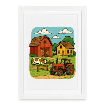 Ferme rurale avec tracteur rouge - Affiche encadrée (27 × 37 cm) - blanc - Devant