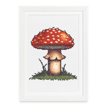 Pixel champignon néon rétro - Affiche encadrée (27 × 37 cm) - blanc - Devant