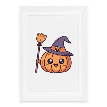 Citrouille Sorcière Adorable et balais - Affiche encadrée (27 × 37 cm) - blanc - Devant