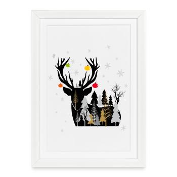 Forêt hivernale avec des rennes - Affiche encadrée (27 × 37 cm) - blanc - Devant
