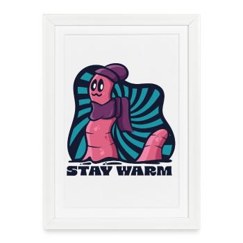 Stay Warm Cozy Worm en bonnet et écharpe - Affiche encadrée (27 × 37 cm) - blanc - Devant