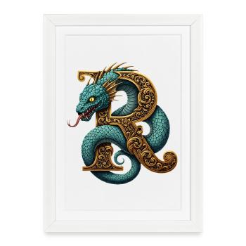 Dragon Ornementé autour de la lettre R - Affiche encadrée (27 × 37 cm) - blanc - Devant