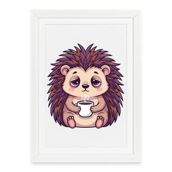 Mignon hérisson café caféine dessin animé employé de bureau - Affiche encadrée (27 × 37 cm) - blanc - Devant