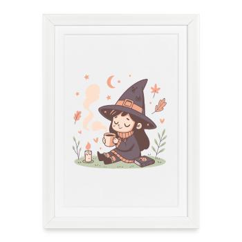 Sorcière douillette et tasse fumante - Affiche encadrée (27 × 37 cm) - blanc - Devant
