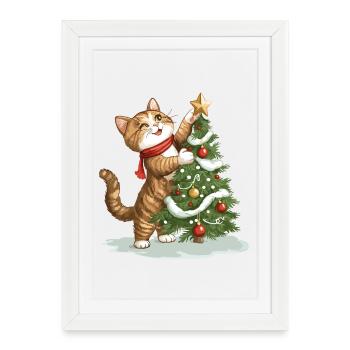 Chat Arbre de Noël Noël Noël Mignon Drôle - Affiche encadrée (27 × 37 cm) - blanc - Devant