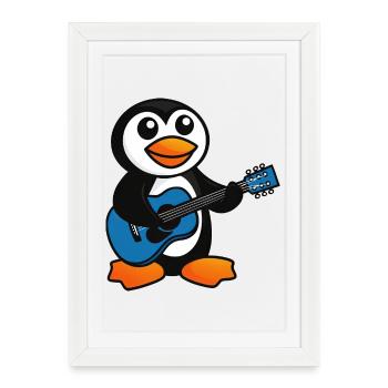Funny Penguin with Guitar Cartoon Musician - Framed poster (27 × 37 cm) - white - Front