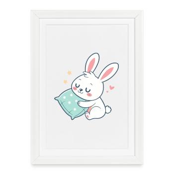 Lapin câlin et oreiller étoilé - Affiche encadrée (27 × 37 cm) - blanc - Devant