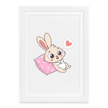 Lapin Coeur Rose sur Oreiller Douillet - Affiche encadrée (27 × 37 cm) - blanc - Devant