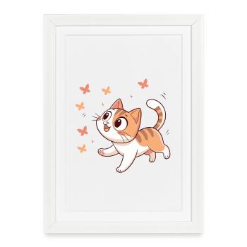 Chaton joyeux papillons - Affiche encadrée (27 × 37 cm) - blanc - Devant