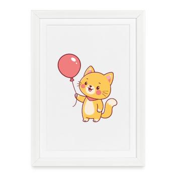 Chat kawaii et ballon rose - Affiche encadrée (27 × 37 cm) - blanc - Devant