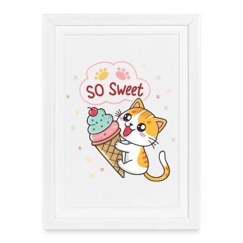 Chat gourmand avec glace pastel - Affiche encadrée (27 × 37 cm) - blanc - Devant