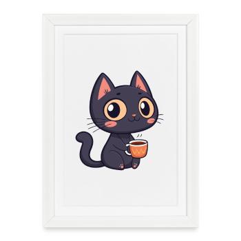 Chat noir café adorable - Affiche encadrée (27 × 37 cm) - blanc - Devant