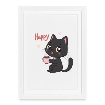 Black Cat Smiling Sweet Coffee - Framed poster (27 × 37 cm) - white - Front
