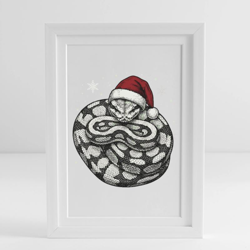 Serpent roi python roi de Noël Python boule Affiche encadrée (27 × 37 cm)