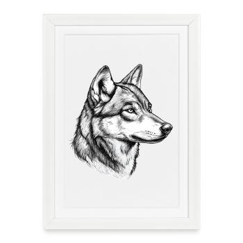Wolf Wolfskopf Schwarz Weiß Gezeichnet Kunst - Gerahmtes Poster (27 × 37 cm) - Weiß - Vorne